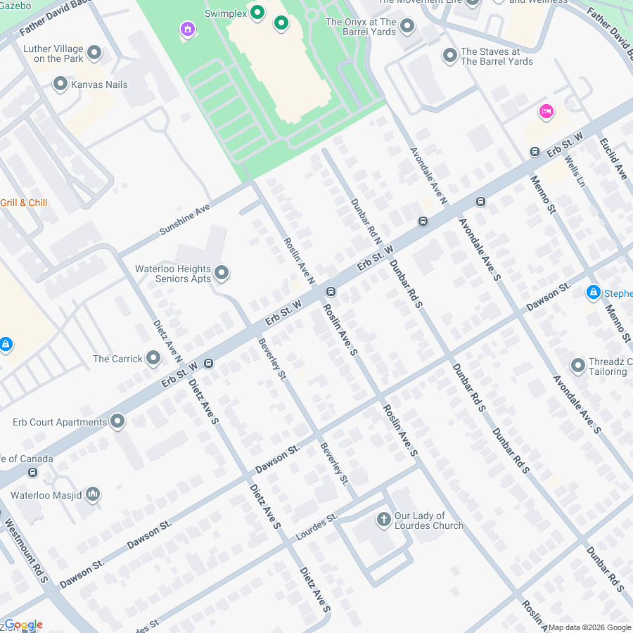 Map centered near 159 Erb Street West in Waterloo
